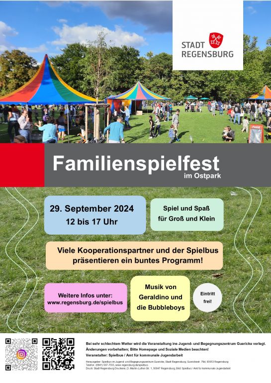 Auf dem Bild ist das Plakat zum Familienspielfest im Ostpark 2024 zu sehen.