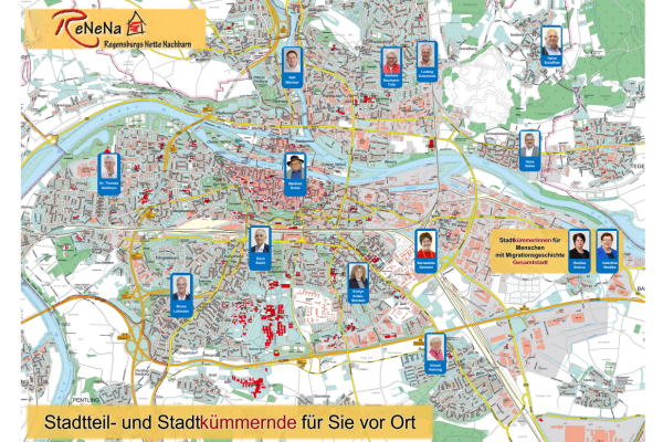 Grafik - Kartenansicht der Regensburger Stadtteile mit eingefügten Fotos der jeweiligen Stadtteilkümmerer