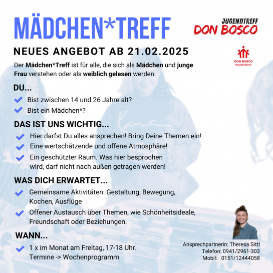 Aushang mit einer Beschreibung zum neuen Mädchen*treff im Jugendtreff Don Bosco. Freitags, von 17-18 Uhr.