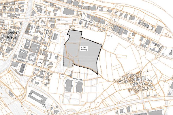 Kartenausschnitt mit eingezeichnetem Geltungsbereich der Flächennutzungsplanänderung