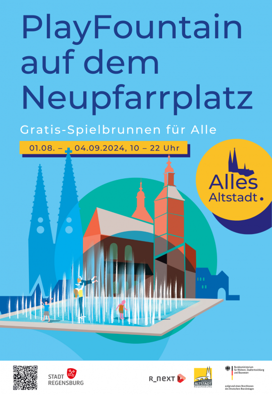 Der interaktive Wasserspielbrunnen bietet vom 1. August bis 4. September 2024 am Neupfarrplatz Spaß und Abkühlung für Groß- und Klein.