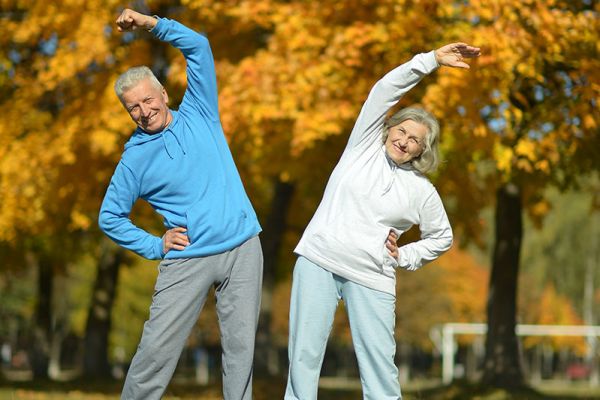 Titelbild für Sport im Park - zwei Personen machen Gymnastik im Freien.