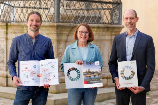Fotografie - drei Personen präsentieren den Regensburger Nachhaltigkeitsbericht