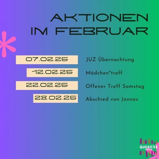 Auf dem Bild sind die Monatsangebote des JUZ Guericke zu sehen für den Monat Februar.