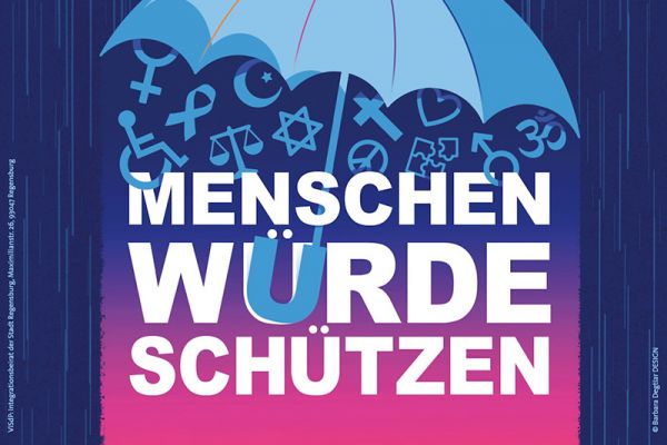 Plakat - Internationale Wochen gegen Rassismus 2025 - Regenschirm, Symbole und Schriftzug "Menschenwürde schützen"