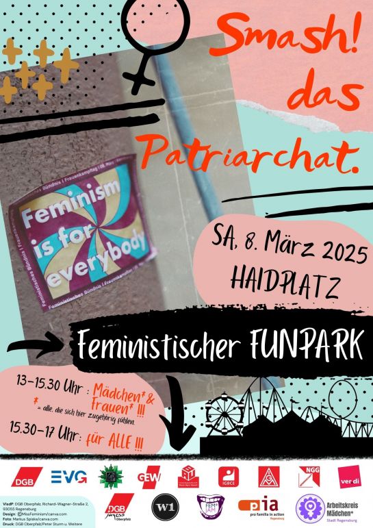 Werbeplakat Feministischer Funpark, zum Weltfrauentag, am 08.03.2025, von 13-17 Uhr. 