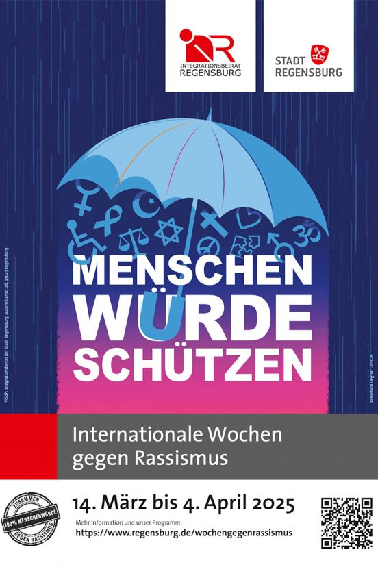 Plakat - Internationale Wochen gegen Rassismus 2025 - Regenschirm, Symbole und Schriftzug "Menschenwürde schützen"